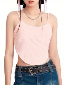 Women Crop Backless Camisole Solid Color Summer Spaghetti Strap Tank Tops Sleeveless Shirt For Streetwear Clubwear - 粉色 - 查看 1