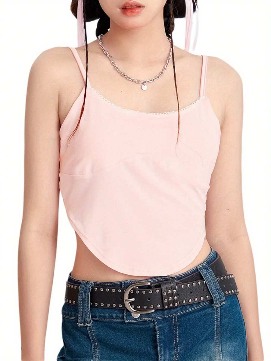 Women Crop Backless Camisole Solid Color Summer Spaghetti Strap Tank Tops Sleeveless Shirt For Streetwear Clubwear - 粉色 - 查看 1