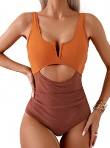 Women High Waist Monokini One Piece Swimsuit Bathing Suit Contrast Color Bikini Swimwear - Brown - View 1