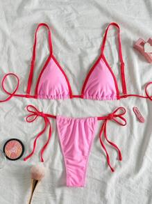 Women Block Pink Swimwear For Summer Days From Poolside To Beachside, Basic Elegant Bikini Sexy Triangle Beachwear