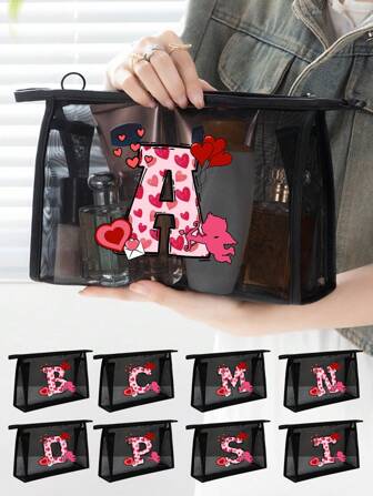 网袋，大容量，透明网眼化妆品收纳袋，多功能旅行便携包，情人，丘比特情书 A-Z 印花，护肤品收纳洗漱化妆包，学生文具包，网眼拉链袋，旅行化妆品包装收纳袋礼品学校用品旅行必需品化妆包节日必需品化妆包化妆包化妆袋化妆品收纳袋节日冬季豹纹腊肠狗女士礼物