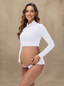Maternity Turtleneck Long Sleeve Pullover, Solid Color Cropped Top, Suitable For Photoshoot White - White - View 3