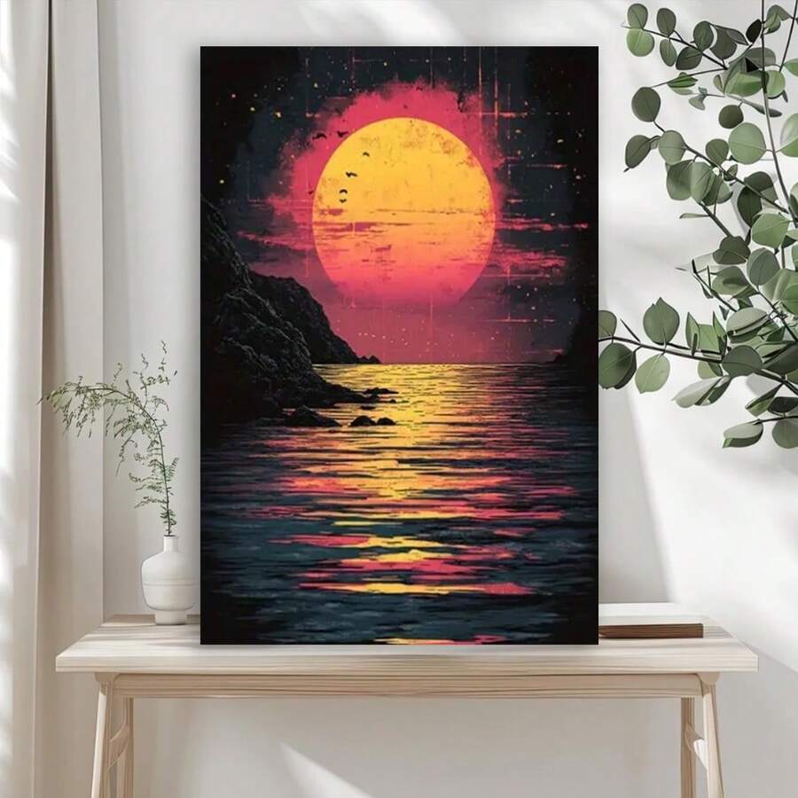 Framed Vibrant Sunset Over Ocean Print, Modern Home Decor For Living Room, Bedroom, Dining Room