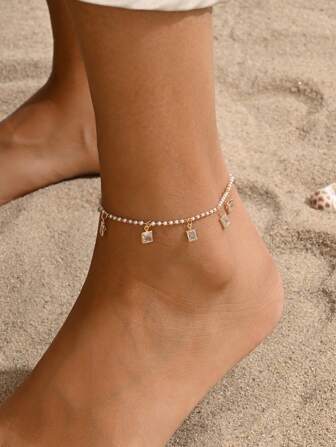 1 Stück luxuriöse Fake-Perlen Fußkette mit quadratischem Strass Anhänger, geeignet für Frauen für den täglichen Gebrauch, Partys und Strandurlaub