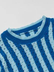 Casual Hollow Out Striped Knit Top, Unisex Loose Fit Lightweight Pullover Sweater, Spring/Summer/Autumn - Blue - View 7