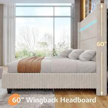 Corduroy Upholstered Platform Bed Frame With LED Lights, 60" Tall Wingback Headboard & Charging Station – No Box Spring Required - White - View 8