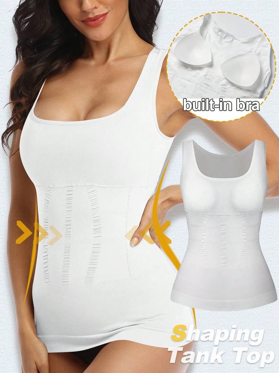 Shapewear Tank Tops For Women With Built In Bra Tummy Control Belly Compression Camisoles Body Shaper Padded Tanks - White - View 1