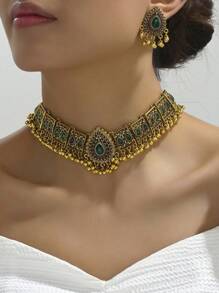 1pc Vintage Rhinestone Peacock Necklace And 1 Pair Earrings Women Jewelry Set
