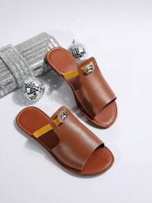 Women's Fashion Casual Color-Block Rhinestone Decorated Open Toe Flat Sandals, Beach Slippers