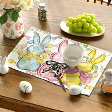 1pc/1set Crayon Drawing Rabbit Linen Placemats, Seasonal Kitchen Table Decor For Party, Banquet, Family Gathering, 12"X18"/13"X72" - Multicolor - View 2