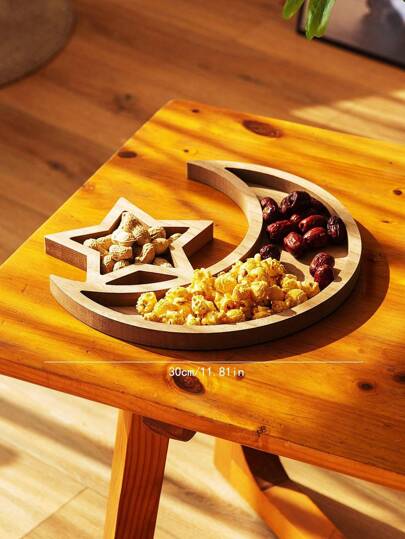 1pc Star & Moon Wooden Tray, Natural Wood Color Home Decor