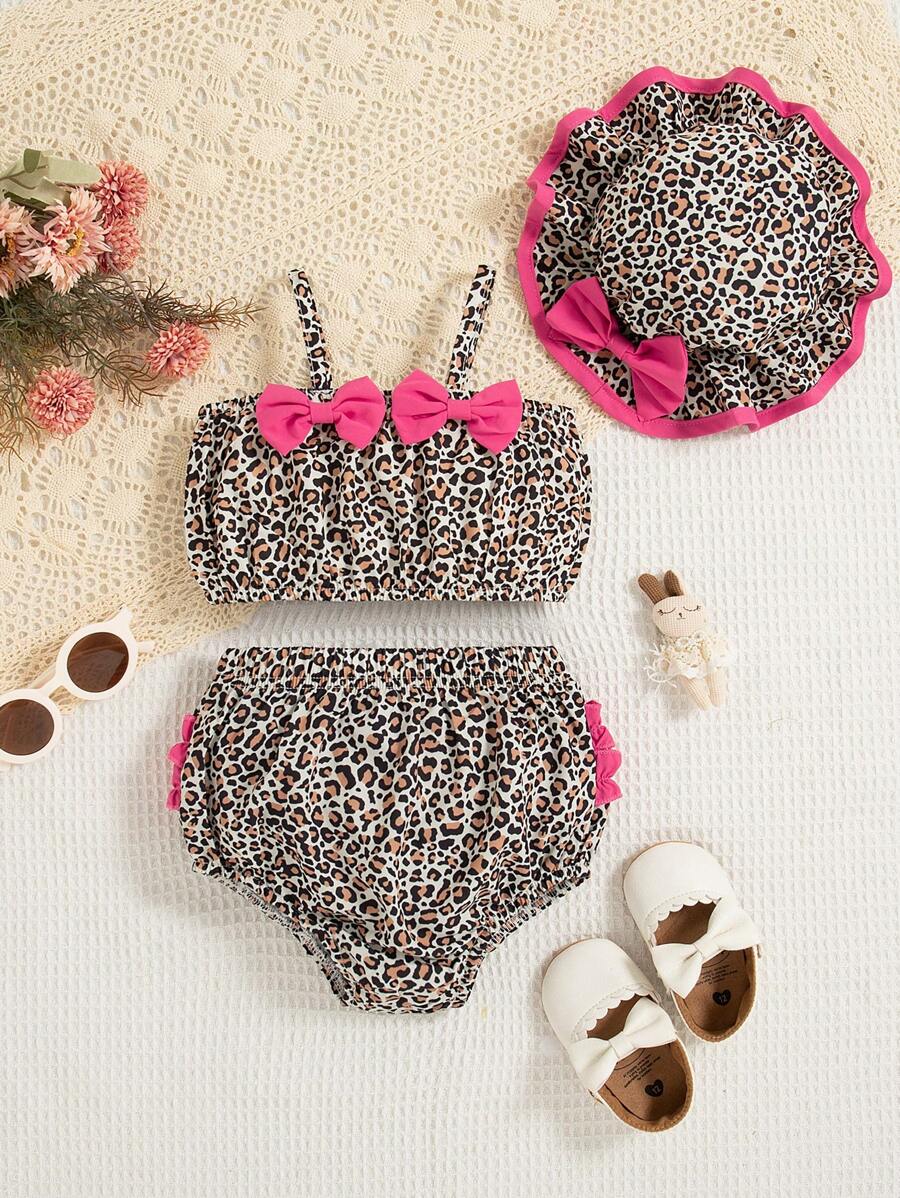 Baby Girl Summer Cute Ruffle Trim Leopard Print Tank Top & Ruffle Trim Diaper Pants & Bow Decor Sunhat 3pcs/Set Outfit - Multicolor - View 1