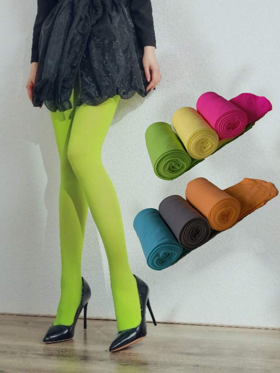 1 Pair Opaque Candy-Colored Tight Pantyhose For Women - Multicolor - View 1