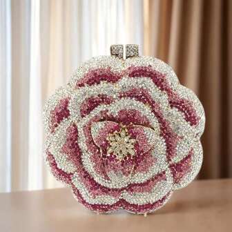 Women Round Vintage Rose Flower Rhinestone Clutch Bag Elegant Crystal Bride Purse