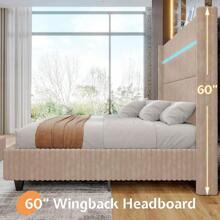 Corduroy Upholstered Platform Bed Frame With LED Lights, 60" Tall Wingback Headboard & Charging Station – No Box Spring Required - Beige - View 8