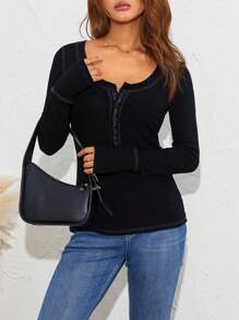 Women Y2k Long Sleeve Tops Slim Fit T-Shirt Contrast Color Scoop Neck Button Shirts Fairy Grunge Vintage Cotton Going Out Tops Aesthetic Clothes Streetwear Fall Spring Outfit - màu đen - Xem 5