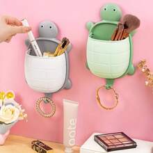 1pc Cute Yellow, Green And Grey Turtle Shaped Wall Mount Storage Box - Plastic, No Drilling Self-Adhesive Storage Box For Remote Controls And Accessories, Practical Hooks