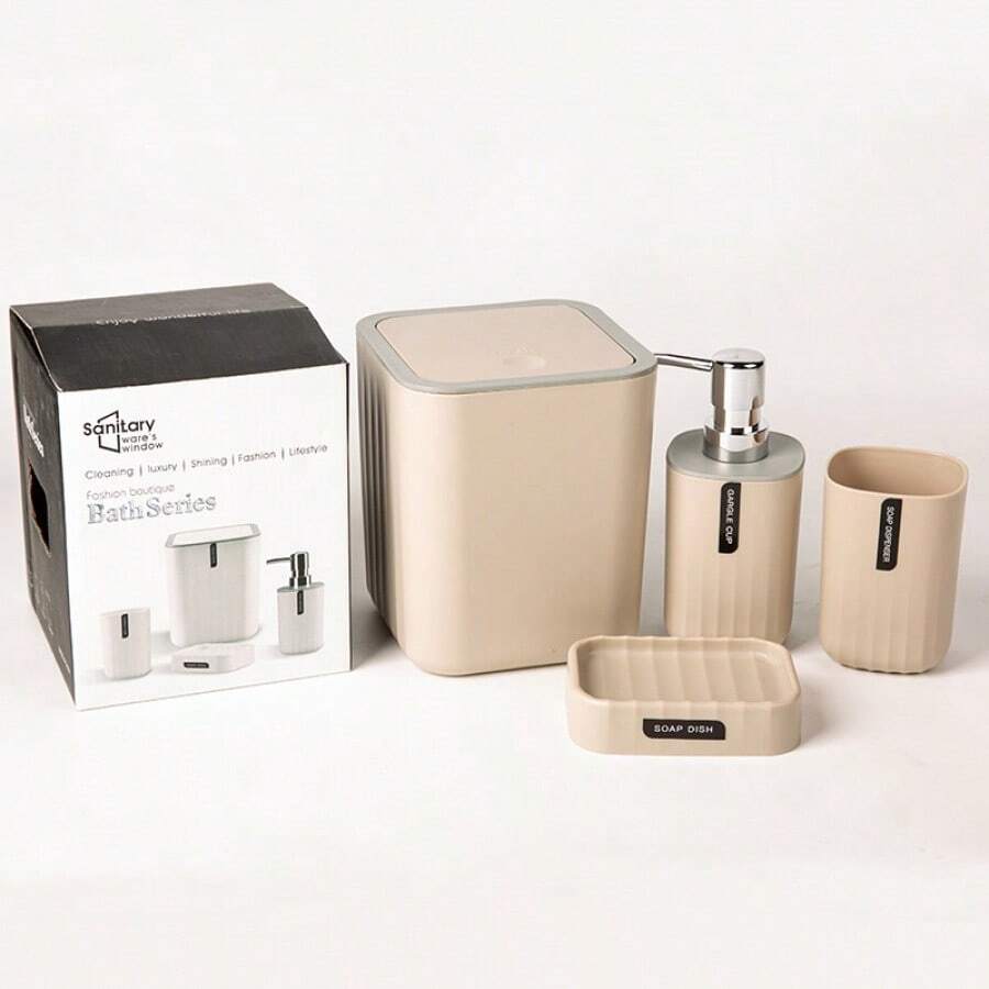 4pcs/Set Bathroom Vanity Accessories, Includes Trash Can, Soap Dish, Toothbrush Holder, Lotion Bottle, Home Bathroom Decor - Multicolor - View 1
