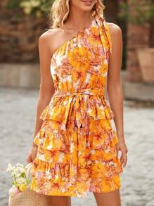 Women One Shoulder Floral Printed Short Dress Summer High Waist Tiered Layer A-Line Mini Dress Beach Holiday Vacation Dating Night Out Party Wedding Guest Valentine Dress Sundress - Màu vàng - Xem 6