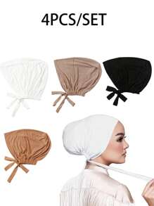 4pcs Women Plain Elastic Band Headscarf Set, Classic Inner Hijab For Multi-Occasion, Versatile Daily Use - 4PCS Strap Caps - View 7