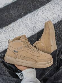 (Runs Small) Fashionable Retro Khaki Letter Decor Couple Shoes, Lightweight Versatile Comfortable High-Top Casual Sneakers, Unisex Outdoor Sports Shoes