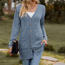 Women's Long Sleeve Open Front Knit Ribbed Cardigan Sweater With Pockets 2025 Winter Lightweight Cardigans Outerwear - Màu xanh nhạt - Xem 4