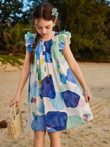 ASK JUNIOR Vestido de playa sin mangas con estampado integral para niñas preadolescentes