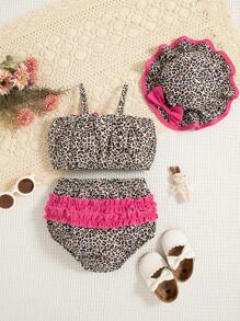 Baby Girl Summer Cute Ruffle Trim Leopard Print Tank Top & Ruffle Trim Diaper Pants & Bow Decor Sunhat 3pcs/Set Outfit - Multicolor - View 2