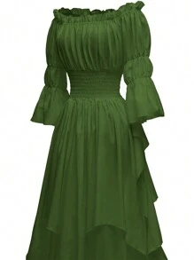 Medieval Women's Solid Color Black Fungus Edge One Shoulder Trumpet Sleeve Waist Tie Long Elegant Dress - 軍綠色 - 查看 3