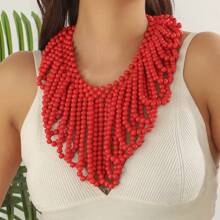 Handwoven Wood Bead V-Shaped Necklace, Exaggerated African Bridal Accessory, Party Decoration, Factory Outlet, Natural Wood Beads, Slight Defects, Occasional Color Difference, Not Seconds, Caution For Those Seeking Perfection