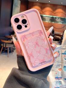 Bow-Knot Fashionable And Exquisite Line Heart-Shaped IPhone Case With Card Insertion, Pink Suitable For Girls, Providing Phone Protection And Unique Printing Style, Compatible With Iphone 11/12/13/13promax/14plus/14promax/15plus/16plus/16promax/15promax XR XSM