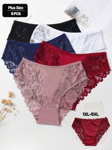5pcs/Set Plus Size Women Romantic Contrast Lace Cotton Briefs - Multicolor - View 1