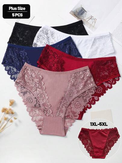5 pièces/set Sous-vêtements en coton romantique à dentelle contrastée pour femmes grande taille