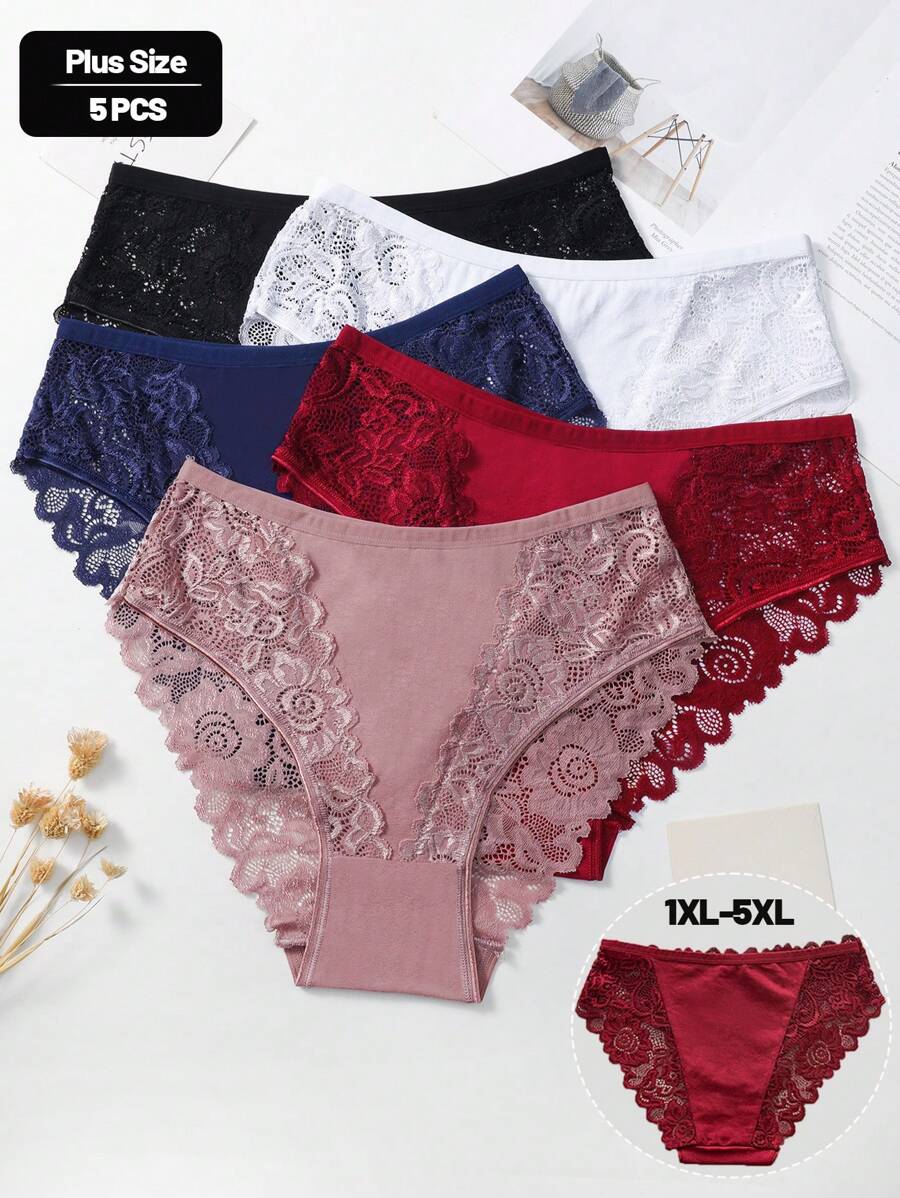 5pcs/Set Plus Size Women Romantic Contrast Lace Cotton Briefs - Multicolor - View 1