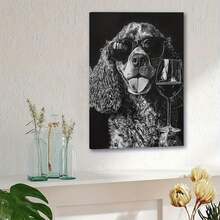1pc Framed Black And White Canvas Art Print - Cocker Spaniel With Fashion Glasses And Wine Glass, Vintage Style Wall Decor, Holiday Gift, Ready To Hang, Dog Decor - 彩色 - 查看 3