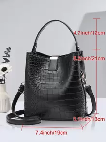 大容量，轻便，便携休闲，时尚迷你鳄鱼压纹顶部手柄水桶包鳄鱼压纹水桶包，仿皮单肩包女士时尚斜挎包 - 黑色 - 查看 2