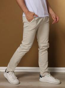 Men's Tailored Twill Trousers With Knife Pocket And Built-In Pocket - Beige - View 3