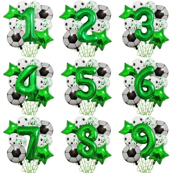 11 件/套绿色数字足球乳胶气球，足球主题生日派对装饰