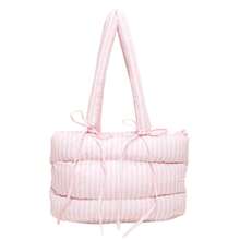 Women Puffer Tote Bag Fashion Striped Print Bow Shoulder Bag Handbag For Travel Daily Shopping - Hồng - Xem 1