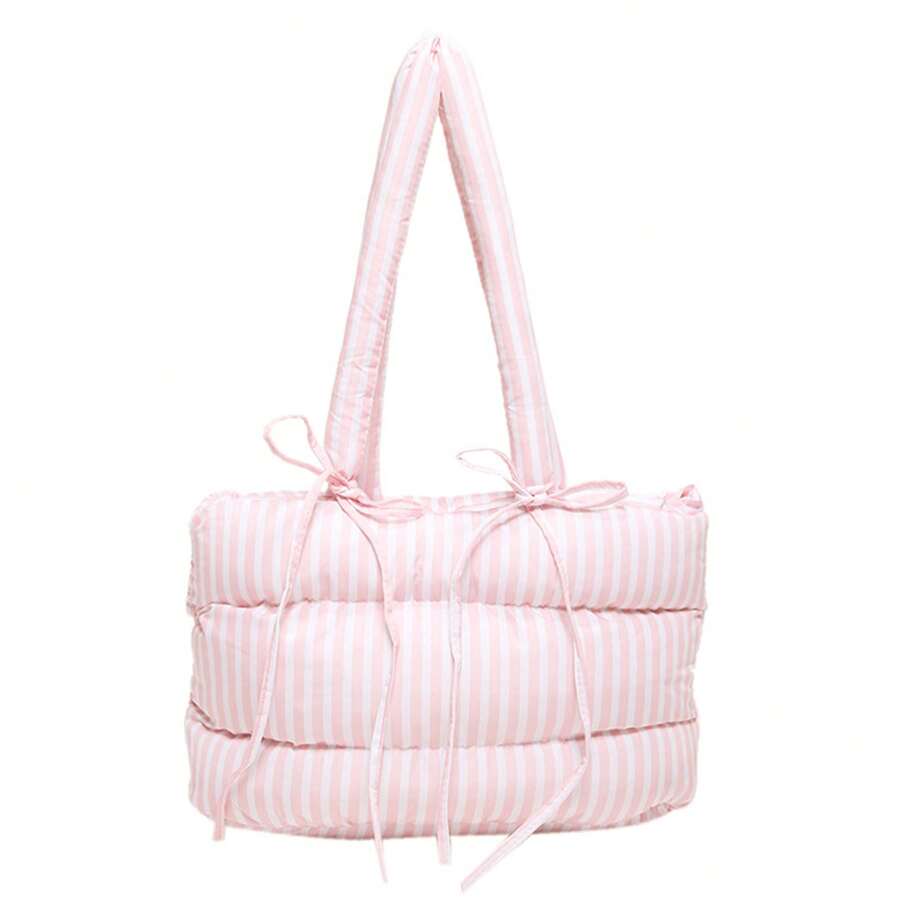 Women Puffer Tote Bag Fashion Striped Print Bow Shoulder Bag Handbag For Travel Daily Shopping - Hồng - Xem 1