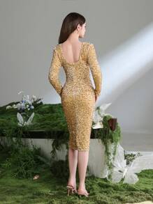 Teen Girl V-Neck Long Sleeve Sequined Midi Dress – Formal Wedding Guest Dresses, School Formal Events - Champagne - View 3