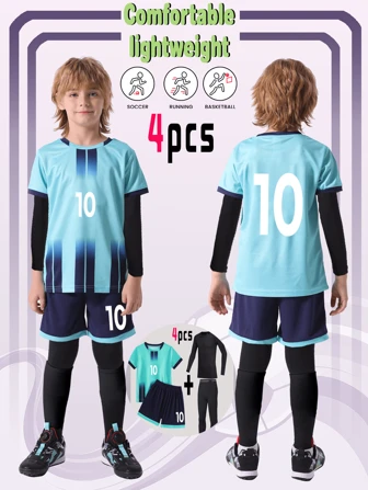 4pcs Kids Sports Training Set, Quick Dry Football Jersey Outfit, With No.10 Print, Versatile For All Seasons