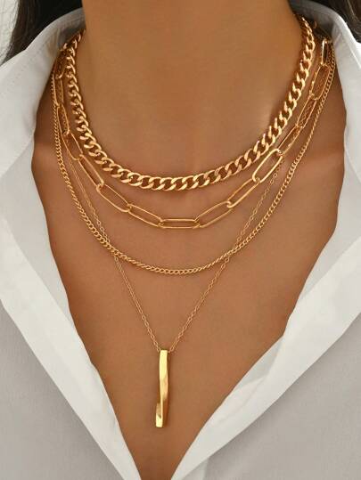 4 件装金色几何吊坠多层链条项链，适合女士，适合派对和日常装饰的珠宝