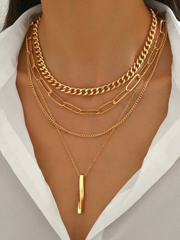 Collar de 4 piezas con cadenas superpuestas y colgantes con diseño geométrico dorado para mujeres, joyería para fiestas y decoración diaria