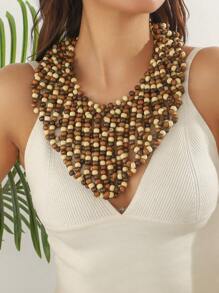 Handwoven Wood Bead V-Shaped Necklace, Exaggerated African Bridal Accessory, Party Decoration, Factory Outlet, Natural Wood Beads, Slight Defects, Occasional Color Difference, Not Seconds, Caution For Those Seeking Perfection