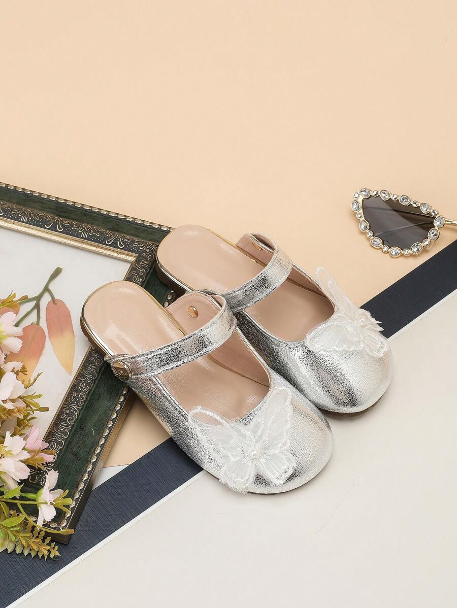 1 双女童包头平底凉鞋一脚蹬休闲拖鞋夏季时尚可爱百搭公主鞋 - 銀色 - 查看 1