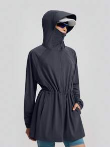 TECTOP 女士户外防晒连帽衫，UPF200+，中长款，抽绳腰带，透气凉爽，春夏款 - 灰色 - 查看 8