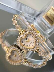 1 pièce Montre-bracelet pour femmes en alliage or rose, or et argent avec un boîtier en forme de cœur, un cadran avec chiffres arabes, un mouvement à quartz et un style à cordon ajustable pour un port quotidien