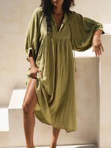Women's Summer Loose Dress Solid Color 3/4 Sleeves Round-Neck Tie Front Long Dress - 淺綠色 - 查看 7