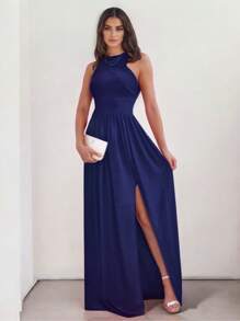 Sophisticated Off-The-Shoulder Long Dress With Leg Slit - Navy Blue - View 2